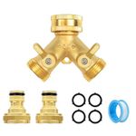 Hose Splitter 2 Way, Garden Tap Splitter 2 Way, 3/4" Brass Double Ways Connector with Individual On/Off & 2 Quick Connectors, Outdoor Water Tap Fitting for Garden Hose Pipe Connector Irrigation Tool