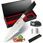 hajegato 7" Super Sharp Chef Knife - Professional Cook Kitchen Knife Set - Japanese Santoku Knives - German High Carbon Stainless Steel EN1.4116 - with Knife Sharpener Finger & Blade Guard Gift Box……