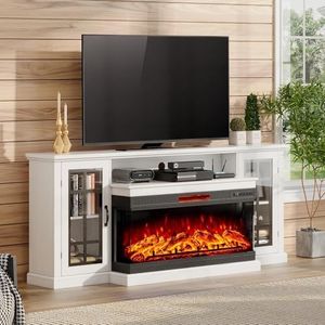 AMERLIFE 75in 3-Sided Glass Fireplace TV Stand with LED Lights for TVs up to 85", Rustic Fireplace Media Entertainment Center Console Table Cabniet with Glass Door Closed Storage, Distressed White
