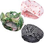 3 Pieces Shower Caps for Women, Waterproof Reusable Shower Hair Caps Elastic Hem Turban Shower Bath Caps for Long, Short and Curly Hair for Women Girls (Stripe, Coconut Palm and Polka Dot Pattern)