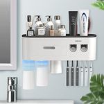 BHeadCat Toothbrush Holders Wall Mounted, Toothbrush Holder with Double Automatic Toothpaste Dispensers, 6 Brush Slots, 3 Magnetic Cups,1 Cosmetic Drawer Organizer and 1 Large Storage Tray