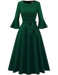 HomRain Women Dress Bell Sleeve Elegant Spring A-Line Dress Modest Wedding Guest Dress Fit and Flare Cocktail Dress,Dark Green M