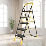 Parasnath 5 Step Yellow Diamond Mild Steel Foldable Ladder for Home - Wide Anti Skid Plastic Step Ladder for Extra Gripping 5.2 FT Ladder - Made in India