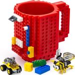 TOYAMBA Build-on Brick Mug BPA-Free Funny Coffee Mug with 3 Packs of Building Bricks, Funny Cups for Kids - Creative Building Block Mug DIY Idea 16OZ (Red)