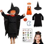 Sarvda Halloween Costume for Girls | Halloween Black Witch Dress for Kids | Witch Hat | Cape & Masks | Pumpkin Basket | Dracula Teeth | Makeup Tattoo | For: 5 to 6 Year Girls