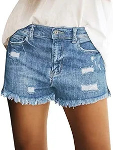 luvamia Women's Casual Mid Waist Ripped Denim Shorts Frayed Raw Hem Hot Jean Shorts Breezy Blue Size S