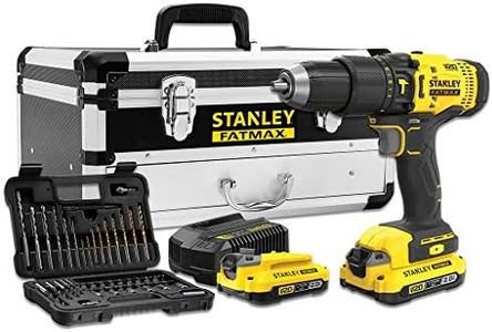 Stanley KIT: Trapano a percussione V20 Li-Ion 18V SFMCD711 + Set da 50 pezzi con 2 batterie Li-Ion 2Ah, caricatore 2A e cassetta degli attrezzi in metallo con cassetto, multicolore