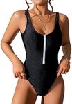 Dixperfect Women's Retro 80s/90s Inspired High Cut Low Back One Piece Swimwear Bathing Suits, Black Zip, Small