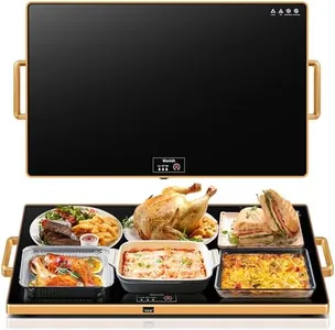 Electric Warming Tray（XXL 32”x18”），Food Warmer with Thermostat and Full Surface Heating，Food Warming Mat with 2 Temperature Modes for Parties Buffet，Gatherings，Gold Edge Handles Warming Mat for Food