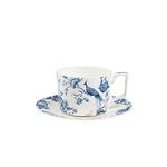 fanquare 9oz Bone China Tea Cup and Saucer Set for 1, Blue and White Coffee Cup with Plate Set, British Floral Porcelain Tea Cup for Women