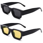 Hycredi Thick Rectangle Sunglasses for Women Men Chunky Square Polarized Sun Glasses Retro 90s Shades UV400 Protection, A1* 2 Pack- (Black/Grey +Black/Yellow), Medium