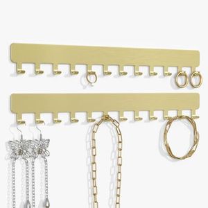 bussdis Self-Adhesive Necklace Holder, Wall Mounted Jewelry Organizer for Necklaces, Earrings, Rings & Bracelets, No Drilling, Space-Saving, 2 Pack, Gold