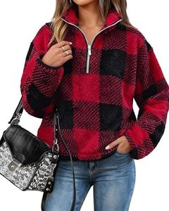 BTFBM Women Sherpa Pullover Quarter Zip Long Sleeve Fluffy Soft Fleece Jackets Sweaters Sweatshirts Hoodies Outwear Coat (Plaid Red, XX-Large)
