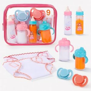 BABESIDE Baby Doll Accessories – 9 Pcs Feeding Set with Magic Bottles, Pacifiers, Bibs, Diapers & Carry Bag, Pretend Play Kit for 12–15 Inch Dolls