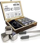 FLOW Barware Whisky Stones Gift Set | 9 Stainless Steel Whisky Stones | Whiskey Stone Gift for Dad | Whiskey Stone Gift Set with Wooden Box | Whiskey Stone with Storage Pouch | Silver