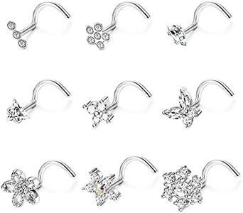 BodyBonita 9Pcs 20G Nose Rings Studs with Big Bling CZ Snowflake Star Top Surgical Steel L-Shaped Nose Studs Triple Linear Gem Ball Round Diamond CZ Nose Piercing Jewelry 7mm(AS)