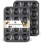 HONGBAKE Muffin Pan for Baking, Nonstick Cupcake Tin 12 Cup, 2 Pack Cup Cake Tray, Premium & Dishwasher Safe - Dark Grey