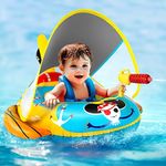 malocan 2X Thicken Pool Floats Kids with Water Gun, UPF50+ Adjustable Canopy Inflatable Pirate Boat Shaped Toddler Pool Float with Safety Seat, Durable Pool Toys for Kids Ages 2-10 for Boys and Girls