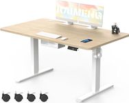 KAIMENG Electric Standing Desk 140x80cm with USB Charging Sit Stand Reminder Height Adjustable Desk, Stand Up Home Office Desk with 3 Memory Functions and Hook, Cable Management Tray, Beidge