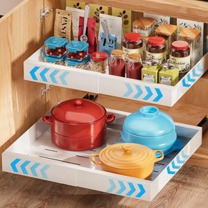 Pull Out Cabinet Organizer, Expandable (12.4"-20.5") Pull Out Drawers for Cabinets Fixed with Adhesive Film,Adjustable Peel Stick Slide Out Drawers for Kitchen Cabinets Pantry Bathroom-21“ Deep