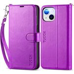 TUCCH Case Wallet for iPhone 14 6.1-inch, [Wrist Strap] RFID Blocking 4 Card Slot Stand [Shockproof TPU Shell], PU Leather Magnetic Flip Cover Compatible with iPhone 14 2022, Purple with Wristlet