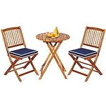 CASART 3 PCS Wooden Bistro Set, Outdoor Folding Furniture Set with Round Coffee Table & 2 Padded Cushions, Patio Acacia Table Chairs Set for Garden Poolside Balcony (Navy Blue)