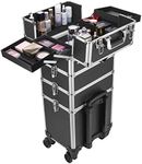 VIVOHOME 4 in 1 Makeup Rolling Train Case Aluminum Trolley Professional Cosmetic Organizer Box with Shoulder Straps 2 Keys Black(Cosmetic are not included)