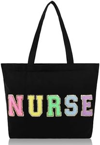 Dripykiaa Nurse Tote Bag Perfect Nurse Gifts for Women, Canvas Nursing Bag with Chenille Letter Patches, Nurse Bag with Zipper Pocket Ideal Nurse Accessories for Work - Black