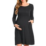 Bearsland Women’s Long Sleeve Maternity Dress Patchwork Pregnancy Dress with Pocket, Black, XL