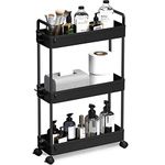 SOLEJAZZ 3-Tier Storage Trolley Cart Slide-out Slim Rolling Utility Cart Mobile Storage Shelving Organizer for Kitchen, Bathroom, Laundry Room, Bedroom, Narrow Places, Plastic, Black