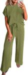 KIRUNDO Womens Summer 2 Piece Outfits Casual Ribbed Knit Short Sleeve Tops Wide Leg Pants Lounge Sets Tracksuit Sweatsuit(Army Green, Medium)