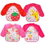 FILOWA Bibs with Sleeves,4PCS Baby Feeding Bibs Long Sleeve Waterproof Coverall Weaning Plastic EVA Painting Aprons Smock Bib for Infant Toddlers Girls 6-36 Months,Pink/Red