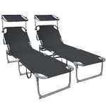 VOUNOT Folding Sun Loungers Set of 2, Sunbed with Adjustable Backrest & Sunshade for Garden, Beach, Patio, Pool, Camp, Load 110 kg, Black