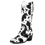 Cozivwaiy Women Cow Print Cowgirl Boots Chunky Heel Half Boots Pointed Toe Western Boots Cow Print Pull on Cowgirl Boots Mid Calf Cowhide Boots Black 9