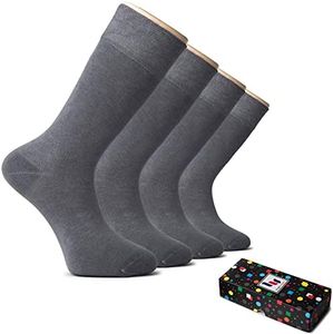Hugh Ugoli Men's Rayon Dress Socks for Business & Trouser, Thin & Seamless Crew Socks, 4 Pairs with Gift Box, Grey, Shoe Size: 8-12
