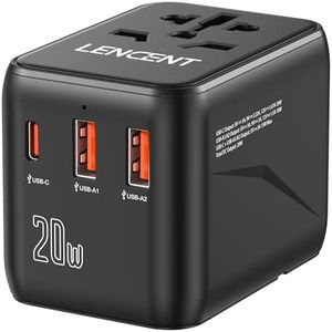 LENCENT Universal Travel Adapter, PD20W International Power Adaptor with 2 USB Ports & Type-C Fast Charging Plug Adaptor,Worldwide Wall Charger for Phone, Laptop, USA/UK/EU/AUS/Bali/Japan(Black)