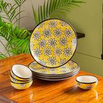 ExclusiveLane 'Californian Sunflowers' Handpainted Ceramic Dinner Set Ceramic Plates for Dinner Plates with Bowls Katoris (8 Pieces, Serving for 4, Dishwasher & Microwave Safe) |Dinnerware Serveware