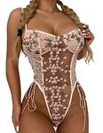 comeondear Lingerie Bodysuit One Piece Leotard Floral Teddy Mesh Bodysuit With Underwire Lace Up Embroidered Top Lingerie