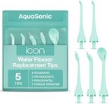 AquaSonic Icon Water Flosser Replacement Tips – 5 Tips, 4 Tip Types: Standard, Periodontal, Orthodontic & Tongue Scraper - Genuine, Authentic Parts (Mint)