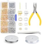 Beadsnfashion Silver & Gold Metal Findings Kit, 3 Sizes Jumpring, Head Pins, Lobsater Clasps, Elastic, Tiger Tail Wire, Tweezer and Plier for Jewellery Making and Crafts Work