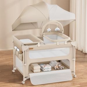 ANGELBLISS Baby Bassinet Bedside Crib, 5-in-1 One-Push Instant Fold Pack and Play with Changing Table, Napper Bassinet, Mattress & Mosquito Net, Portable Playard for Newborns to Toddlers (Khaki)