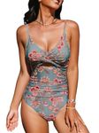 CUPSHE One Piece Swimsuit for Women Bathing Suits Twist Front Cutout Adjustable Straps Ruched Swimwear, Retro Floral, Large