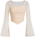 Floerns Girls Bell Long Sleeve Square Neck Asymmetrical Hem Mesh Ruched Crop Tops Tees Beige 14Y