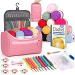 Reessy Crochet Kit, 88 PCS Crochet Kits for Beginners Adults include Instructions Ergonomic Crochet Hooks 15Pcs × 25g Yarn Storage Bag and Knitting Accessories, Complete Beginners Crochet Kit - Pink