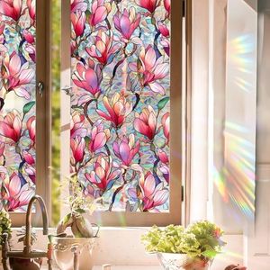 Aomkmi Stained Glass Window Film UV Resistant Window Privacy Film Pink Floral Privacy Rainbow Decals Living Room Bedroom Sun Blocking Decor Removable Static Cling Stickers 17 x 78.74 Inch