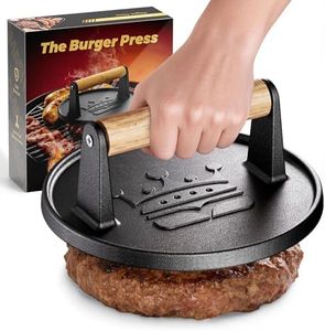 Smash Burger Press 6.5”, Flat Round Edge Cast Iron Grill/Bacon/Meat/Hamburger/Chef Press with Wood Handle, 1.74lb Burger Press Patty Maker for Griddles & Pans, Nonstick Hamburger Smasher Tool for BBQ