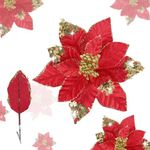 U'Artlines 12 Pcs Large Poinsettias Artificial Christmas Flowers with Clips, 9 Inch Glitter Red Poinsettia Flowers Christmas Decorations for Xmas Tree New Year Holiday Wedding Party Ornaments