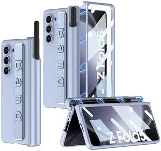 ELEPIK Grip Series Case for Samsung Galaxy Z Fold 5 with Strap [Easy to Hold and Comfortable] [Built-in Tempered Glass Screen Protector] [S Pen Holder] [Hinge Protector], Light Blue