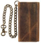 F&L CLASSIC RFID Blocking Mens Tri-fold Long Style Cowhide Leather biker Steel Chain Wallet,, buffalo wax vintage leather W/ white stitching, One Size