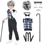 FIHCH 100 Days of School Costume Toddler Old Man Costume for Kids Grandpa Costume Vest，Hat and Glasses Cosplay Set 8-10